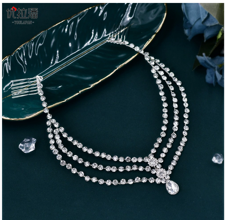 Yurapan HP593 New Bridal Wedding Headpiece, European and American Wedding Water Drop Hair Comb, Three-Row Hairband for the Forehead