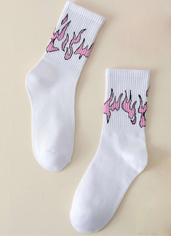 1pair Women's Breathable Sweat Absorbing Pink Flame Pattern Mid-calf Socks