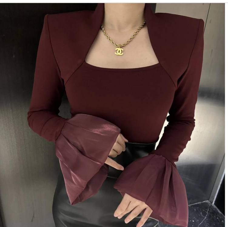 Simon Rainer French style single square collar trumpet sleeve T-shirt female autumn new niche long-sleeved top