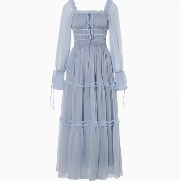 Since then, French puff sleeve cake skirt square neck skirt early spring gauze skirt blue long skirt dress female spring