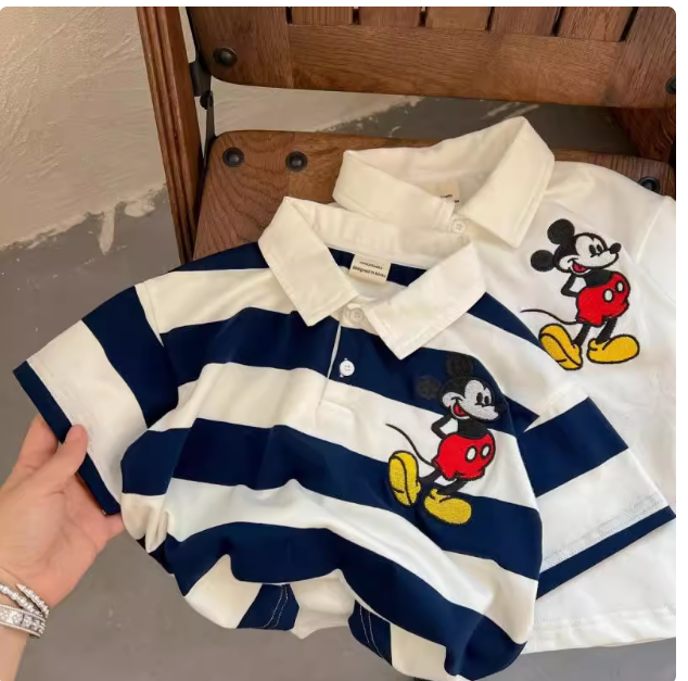 Striped lapel cartoon embroidered polo shirt for men and women. Children's summer Korean version of short-sleeved T-shirt casual all-match tops ins