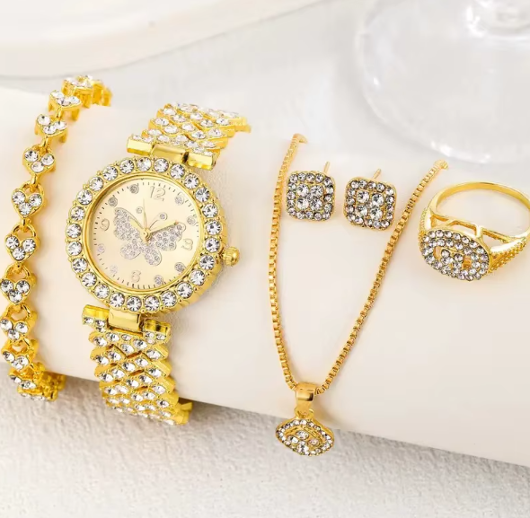 Women's Luxury Quartz Watch with Rhinestone Jewelry Set Custom Logo Includes Earrings Necklace and Dial Display Pointer