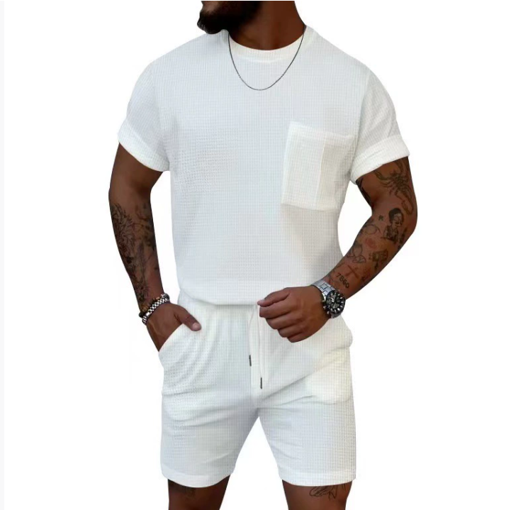 Cross-border European and American casual sports suit men's waffle short-sleeved shorts suit