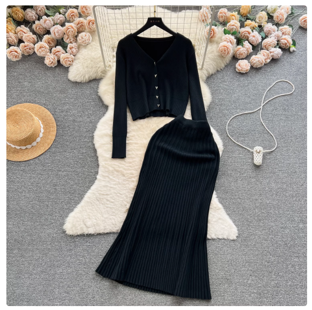 2024 early spring new style small people wear a complete set of knitted cardigan versatile high waist skirt two-piece suit for women