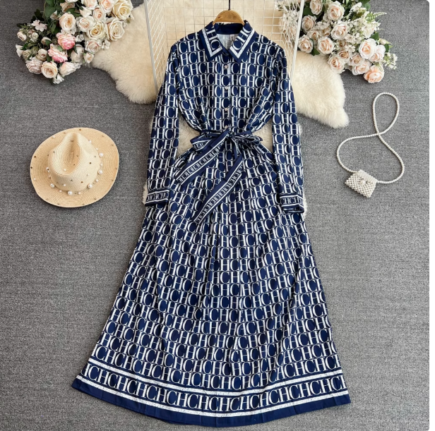 2024 Spring and Autumn Korean version of light mature style retro temperament long-sleeved lapel waist slim a-line printed shirt dress