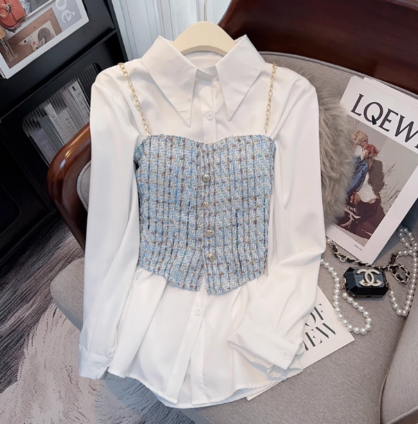 Clearance sale~Spring and autumn Chanel style outerwear vest suspenders women's design long-sleeved white shirt two-piece top