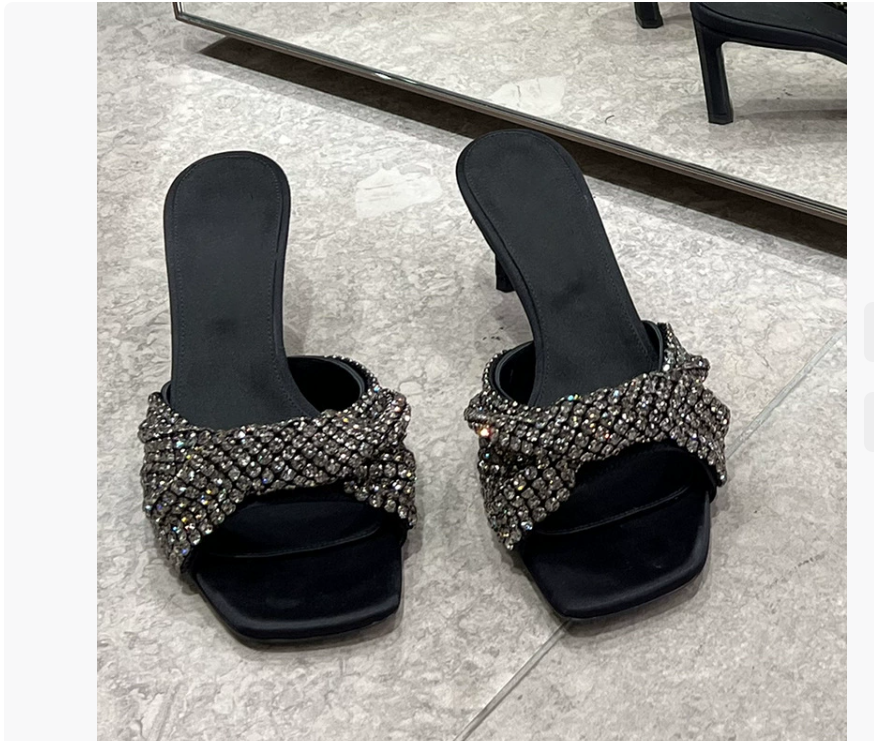 Rhinestone bowknot open toe stiletto sandals for women 2023 summer new style fashionable versatile sexy Roman style sandals