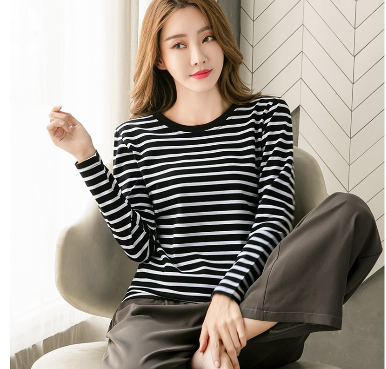 2024 new pure cotton striped long-sleeved T-shirt women's age-reducing loose large-size tops inner wear spring and autumn slim bottoming shirt