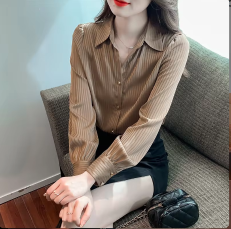 Striped Blouse Shirt Women's Long Sleeve 2022 New Autumn Loose V-neck Office Blouses Femme