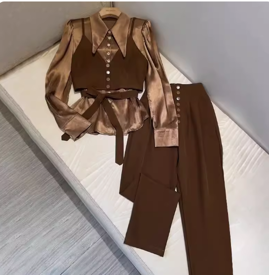 Large size spring and autumn European goods high-end fashion small Chanel style suit slightly fat mm vest shirt trousers fashion three-piece suit