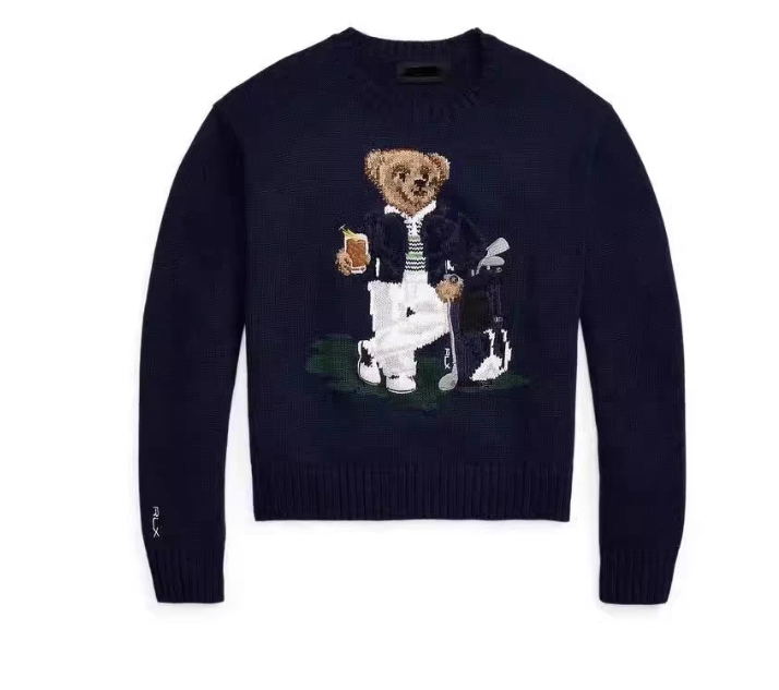 Women's sweater new R*L pure cotton American college style bear heavy embroidery white bear