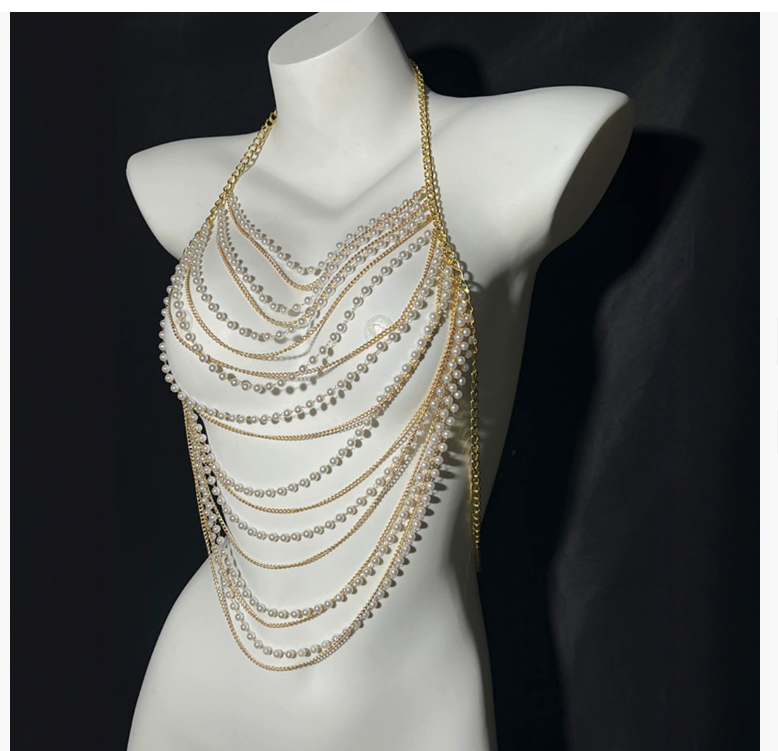 European and American fashion cross-border jewelry summer beach sexy body bra chain handmade pearl bra chain