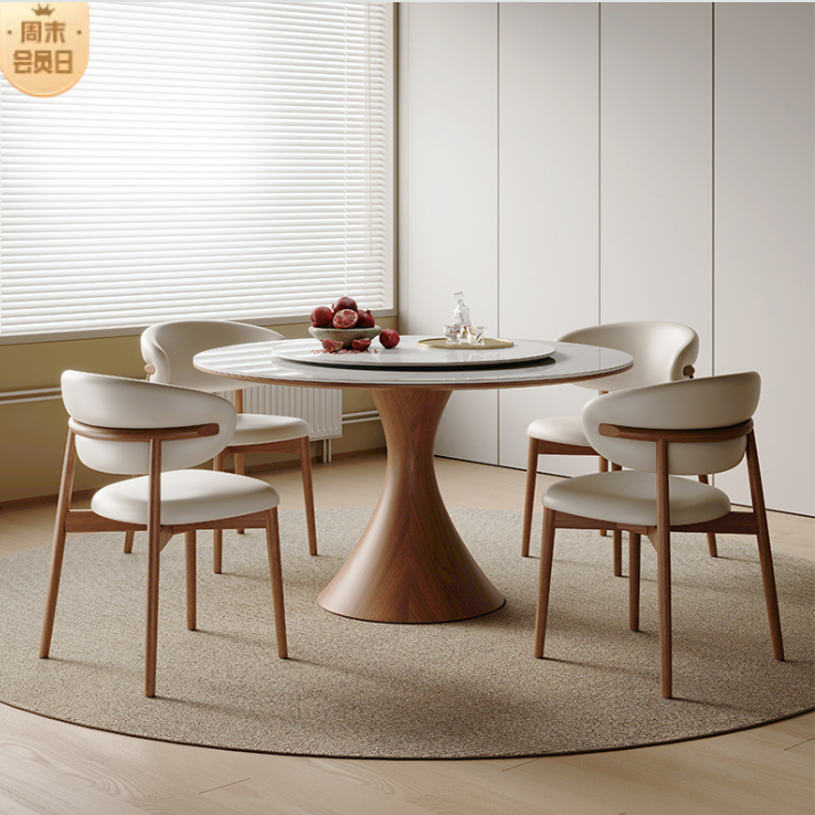 Solid wood rock board dining table round table home small apartment restaurant round dining table with turntable small waist dining table and chair combination