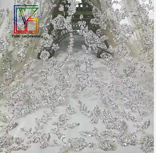 white bridal embroidery lace fabric materials French tulle lace for wedding gown