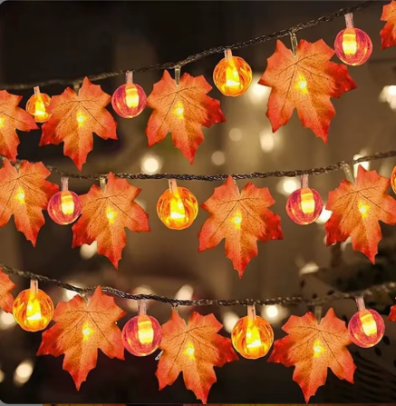 Artificial Autumn Maple Leaves Pumpkin Garland LED Fairy String Light Christmas Thanksgiving Decoration DIY Halloween Party Home
