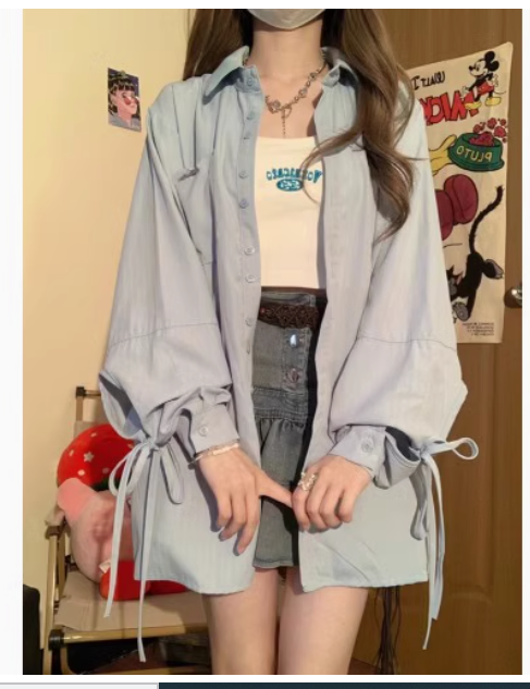 Blue vest layered inner shirt jacket women's spring mid-length lazy top design strappy long-sleeved shirt