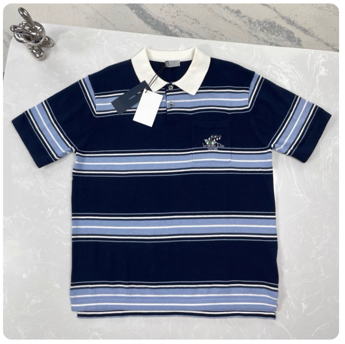 European station new CD stripe pocket lily of the valley letter embroidery lapel POLO shirt men and women casual loose T-shirt