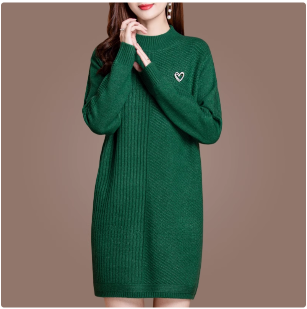 Fashion sweater dress for women autumn and winter new loose large size medium and long half turtleneck mother's wear bottoming sweater