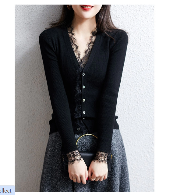 Outlet clearance sale: Brand-name cut-label black lace slim-fit V-neck knit cardigan, versatile for layering or layering.