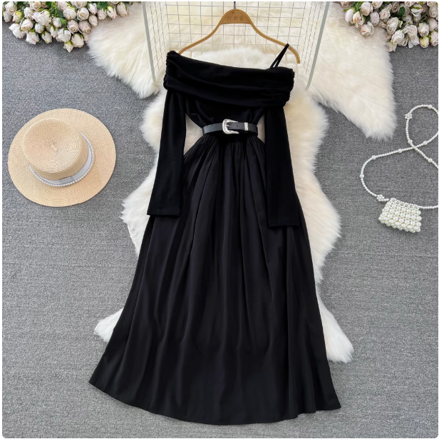 French Hepburn style celebrity temperament oblique collar off-shoulder ruffled sling waist slimming A-line long swing dress for women