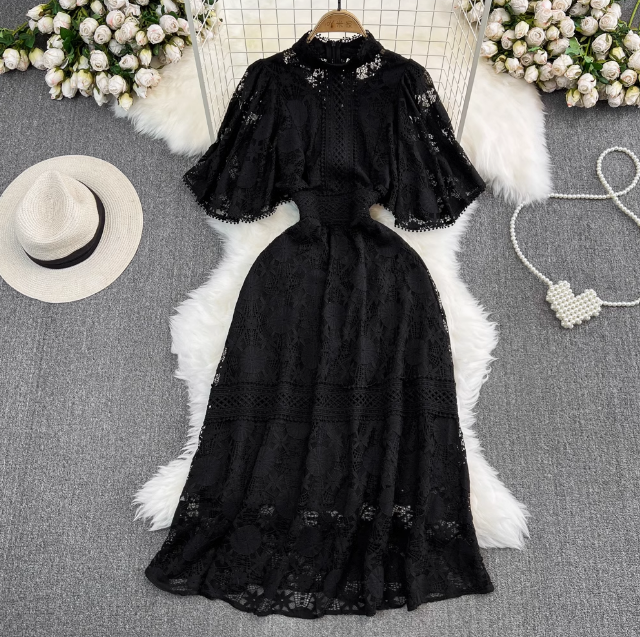 High-end light luxury temperament puff sleeves stand-up collar waist A-line hollow lace dress elegant dress long skirt