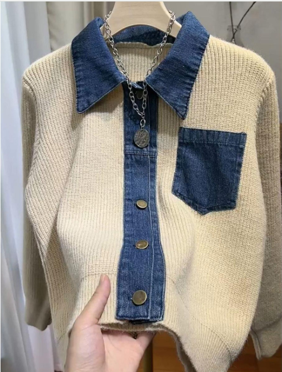 Designer collar denim stitching sweater women's early autumn 2024 new tops loose fashion long-sleeved sweater