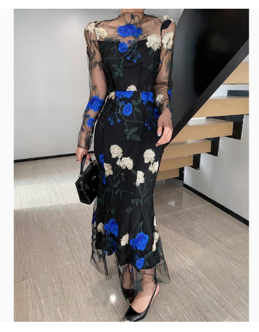 Royal sister high-end dress high-end light luxury niche embroidered flowers slim fit medium and long mesh dress for women