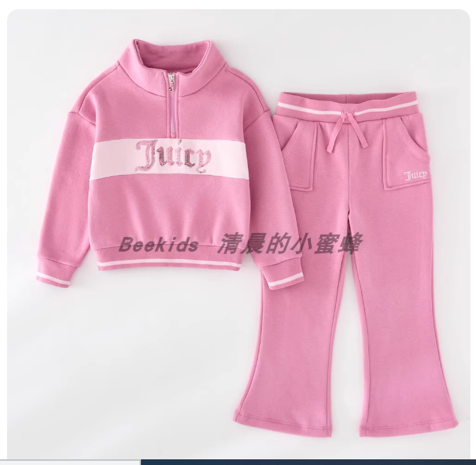 3-12 years old French style baby girl half-open stand collar fleece suit plus velvet sweatshirt slightly flared pants 2-piece set