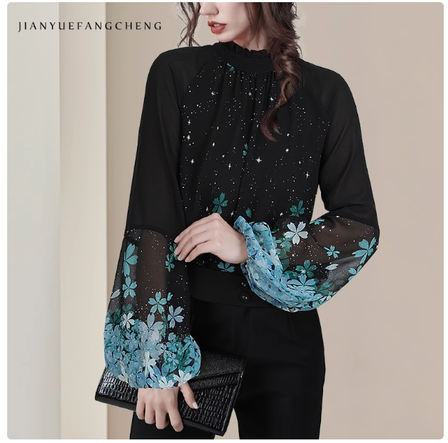 Customizable 2025 spring chiffon shirt tops for women with lantern sleeves, design, niche bottoming shirts, stylish and chic shirts