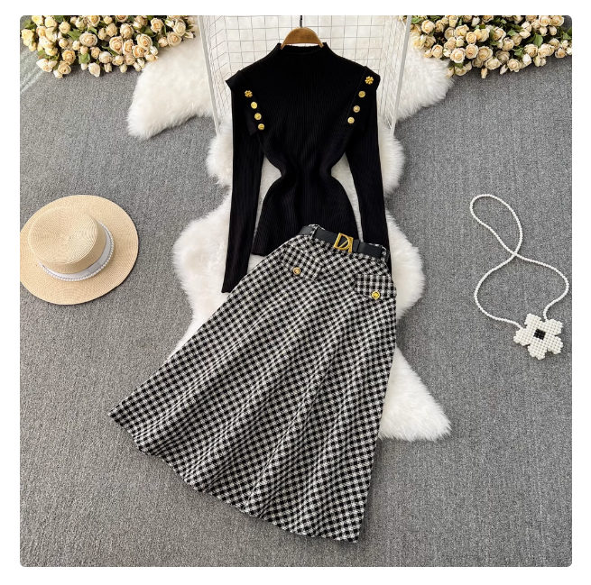 Fashion suit for women, half turtleneck, gold shoulder button knitted sweater top, two-piece suit, high waist, slimming plaid skirt, autumn