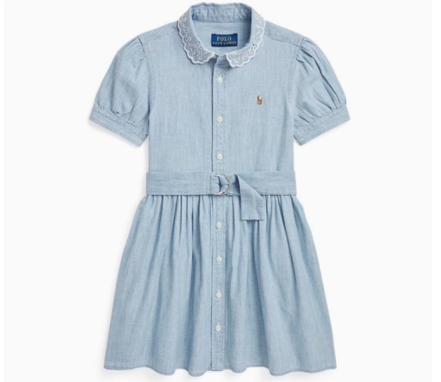 25 Spring and Summer new style pony logo same style girls baby denim lapel polo lace edge pleated dress