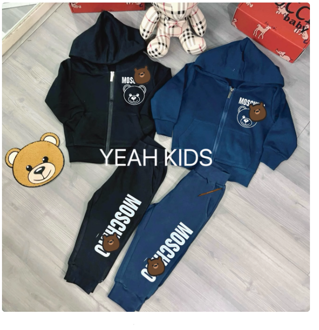 Mos Bear children's cartoon hooded zipper jacket suit classic all-match white and black lazy wear