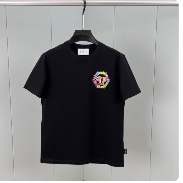 2025 Summer European New Fashion Brand PP Fashion Personality Printed Trendy Short Sleeve T-shirt Men's Slim Round Neck Top