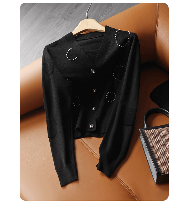Exquisite and elegant appearance plus circle beaded flocking mercerized wool V-neck knitted sweater short cardigan women autumn