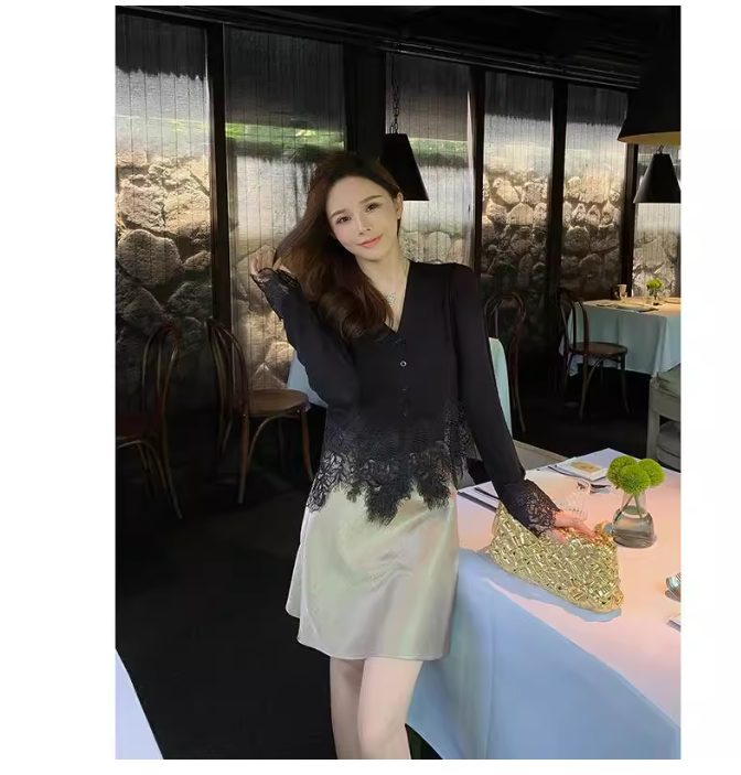 French style v-neck lace stitching sweater bottoming shirt for women pure desire knitted cardigan slim fit top for women