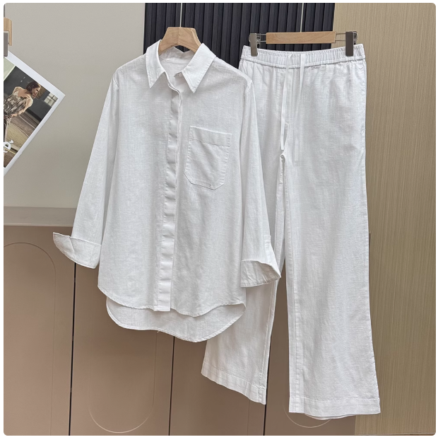 Nordic style! Spring and summer new retro loose-fitting all-match linen shirt + linen wide-leg pants suit for women 23561