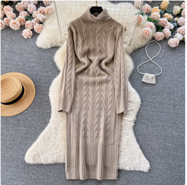 Turtleneck sweater skirt 2024 winter new style niche lazy style medium and long slim bottoming skirt knitted dress