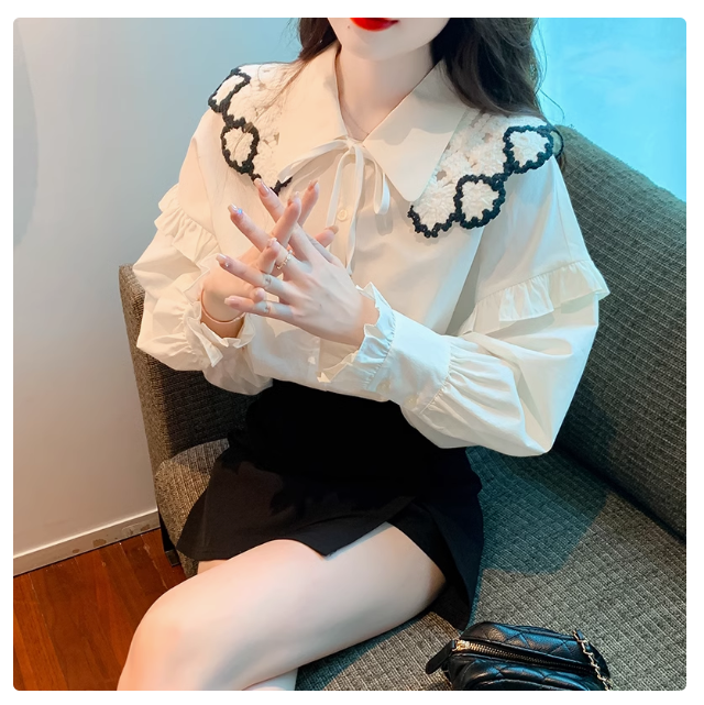 Lace shawl Polo collar tie shirt women's autumn new loose wood ear edge long sleeve design niche top