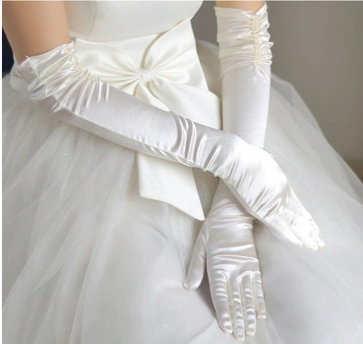 Bridal wedding gloves, extra long elbow gloves, double-row sewn pearl satin sun protection and scar concealing sleeves, factory direct supply.