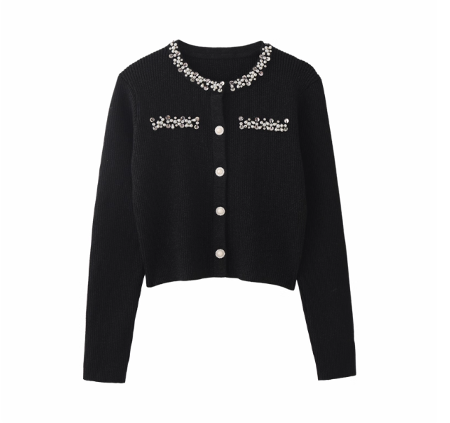 MMC European-style French-inspired light luxury heavy-duty beaded collar single-breasted round neck long-sleeved knitted cardigan sweater for women