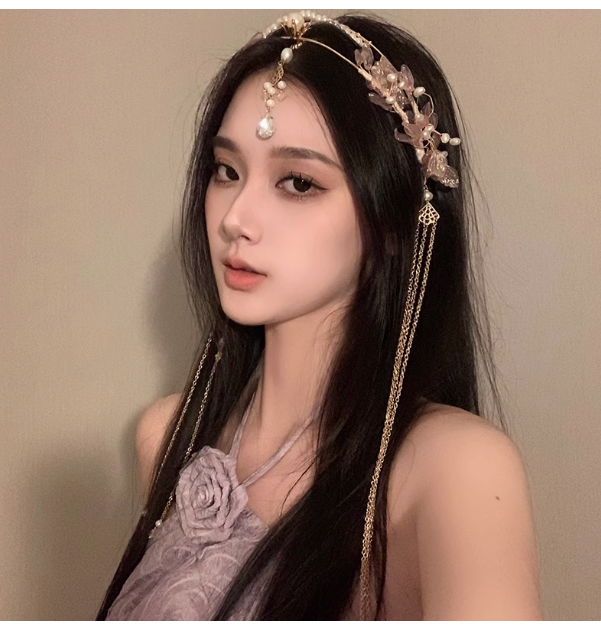 BXA Golden Domain Early Autumn ~ Exotic Dunhuang forehead chain ancient costume Hanfu headdress Yunnan Lijiang tassel eyebrow pendant hair accessories