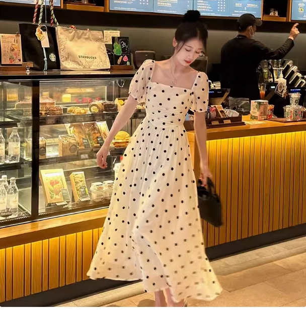 French square collar white dress for women summer 2023 new style temperament slim high-end fairy polka dot long dress