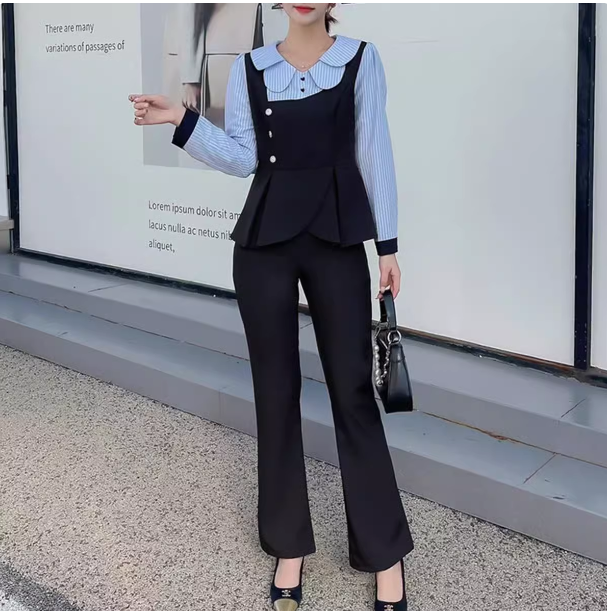 New style temperament fashion suit for women 2024 spring and autumn slim stitching striped shirt flared pants two-piece suit trendy