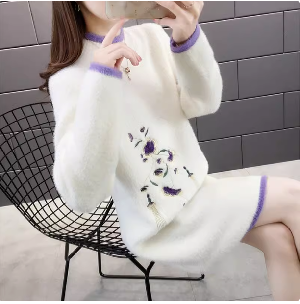 Thickened mink fleece sweater for women 2024 new autumn and winter mid-length ancient style loose embroidery knitted bottoming skirt trend