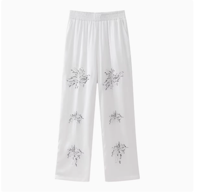 KASLEAD New Women's European and American Style Fashion Beaded Embroidered Shirt Casual Pants Set