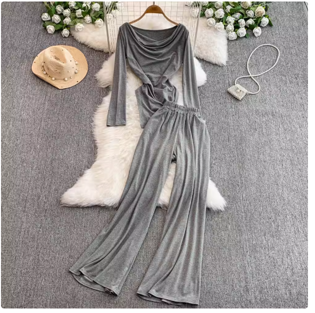 Pure desire style one-shoulder suit female design waist short irregular long-sleeved top + high waist slim wide-leg pants