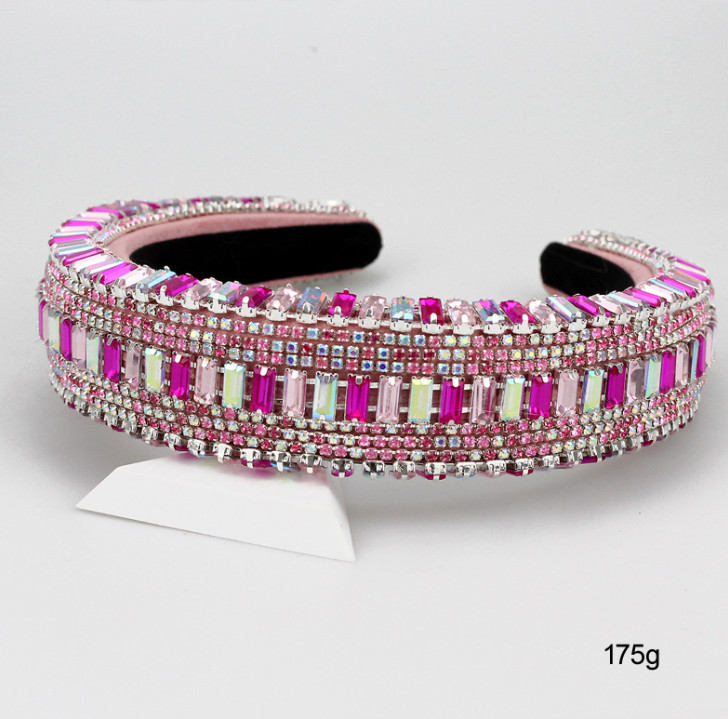 Amazon Hot Selling European and American Baroque Rhinestone Headband with Sponge Brim, Wide Retro Style, Full Rhinestone Headband, Pink Crystal Headband