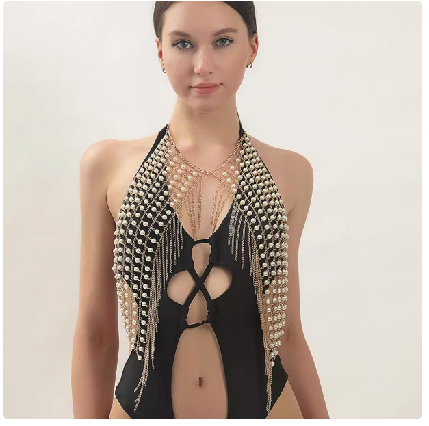 Personality trend European and American pearl necklace s style body chain pearl jewelry female tassel personality chest chain accessories fashion