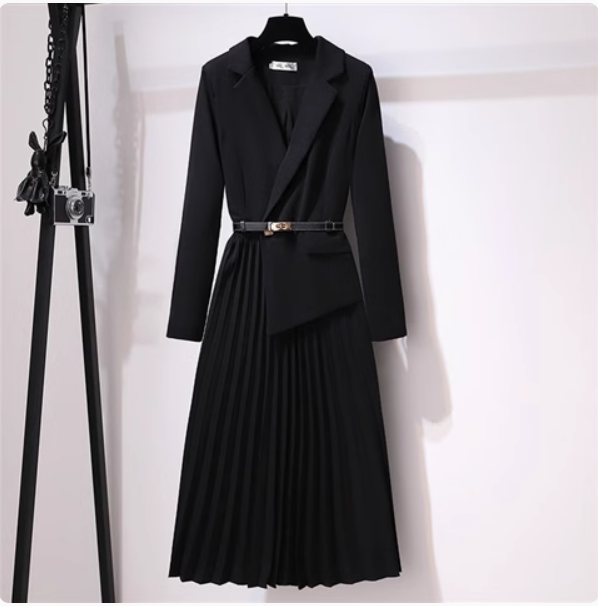 New French style fake two-piece suit dress temperament slim medium-length long-sleeved design pleated skirt spring and autumn