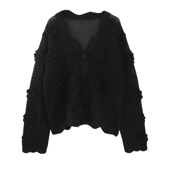 MMC European-style French sweet hollowed-out three-dimensional floral V-neck knitted cardigan sweater top 2025